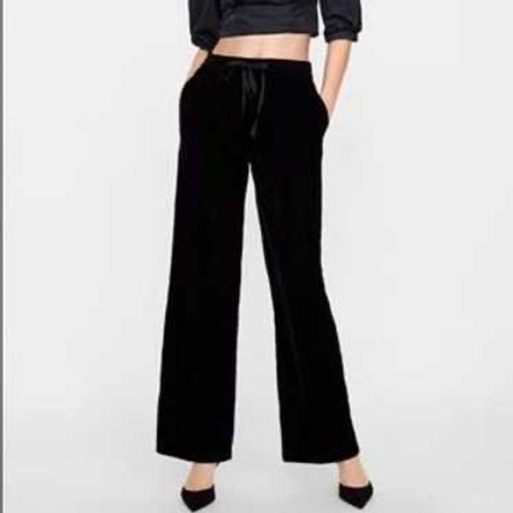ZARA Black Velvet Wide Leg Pants Elastic Waist Drawstring XL